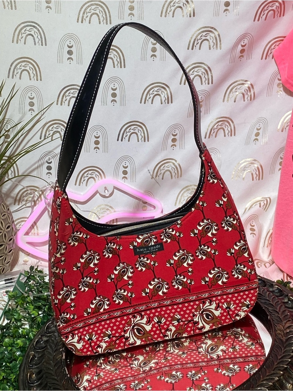 kate spade Red Floral-Print Shoulder Bag with Black Strap